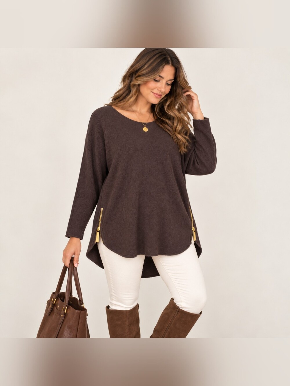 MICHAEL Michael Kors Sweater XL Brown Dolman High Low Gold Side Zips Fall Cozy